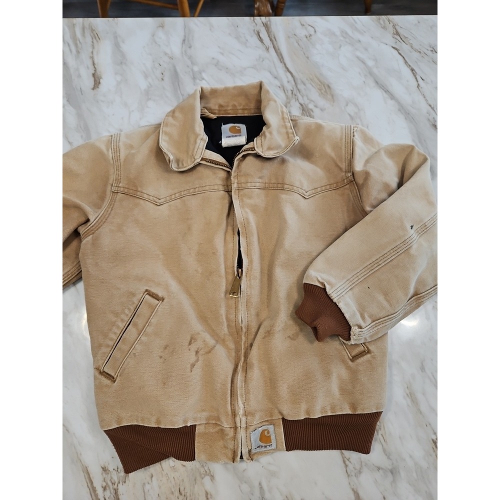 Vintage Carhartt Youth Jacket Yo3brn Size Medium Stains Distress Collar